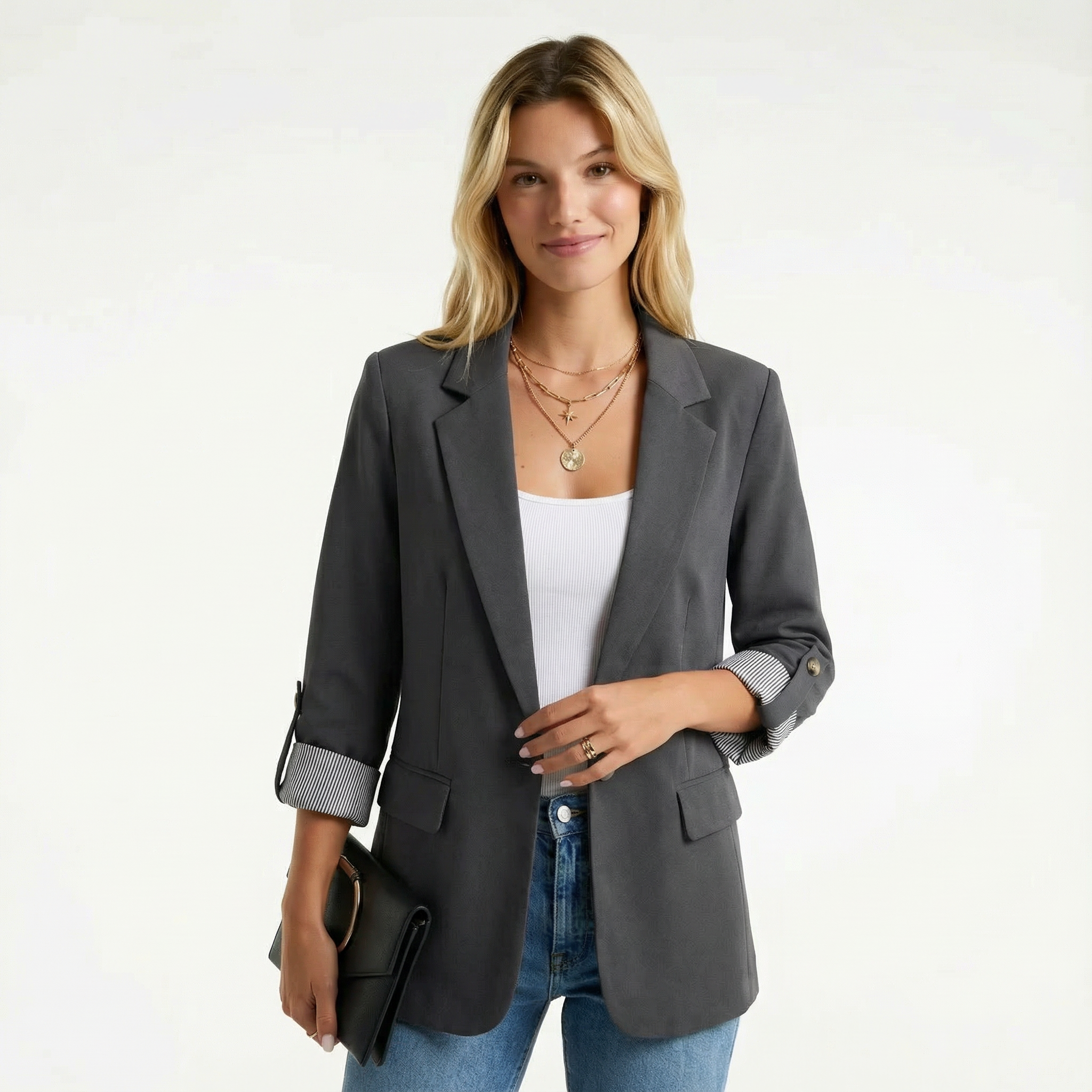 Casual Blazer Rolled Sleeve Notched Lapel Lightweight Office Women's