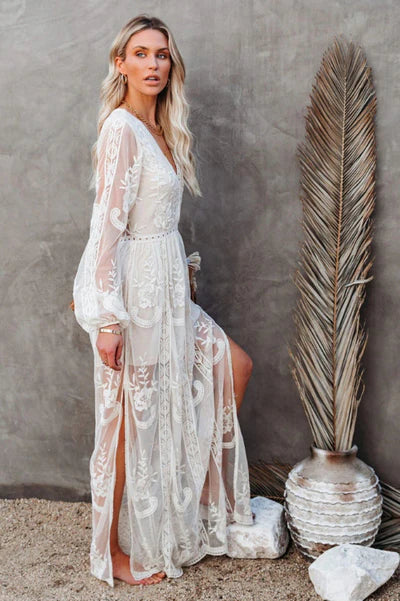 White Boho Lace Maxi Dress - Deep V-Neck, High Slit, Fitted Waist