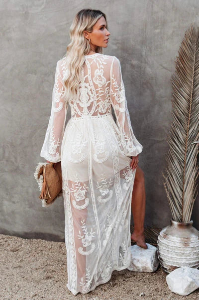 White Boho Lace Maxi Dress - Deep V-Neck, High Slit, Fitted Waist