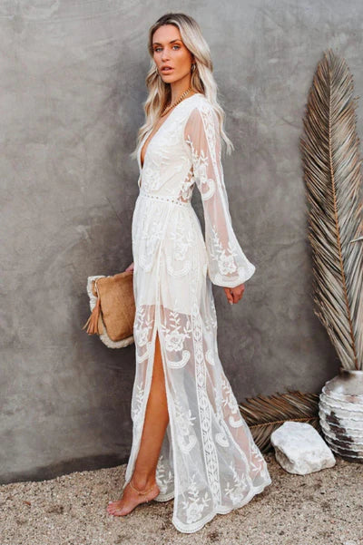 White Boho Lace Maxi Dress - Deep V-Neck, High Slit, Fitted Waist