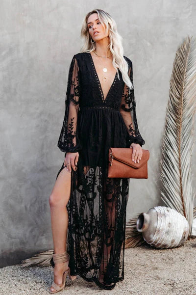 White Boho Lace Maxi Dress - Deep V-Neck, High Slit, Fitted Waist