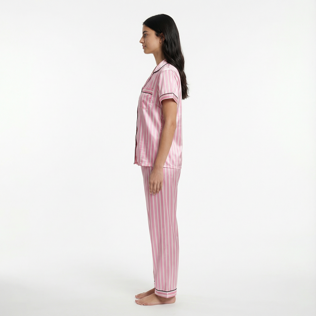 Pyjama Set Satin Long Sleeve Striped Piped Loungewear Women's
