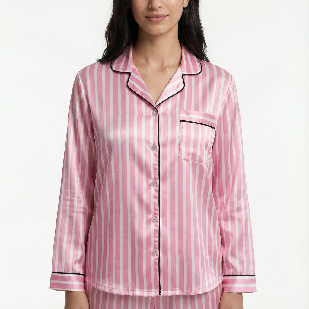 Pyjama Set Satin Long Sleeve Striped Piped Loungewear Women's