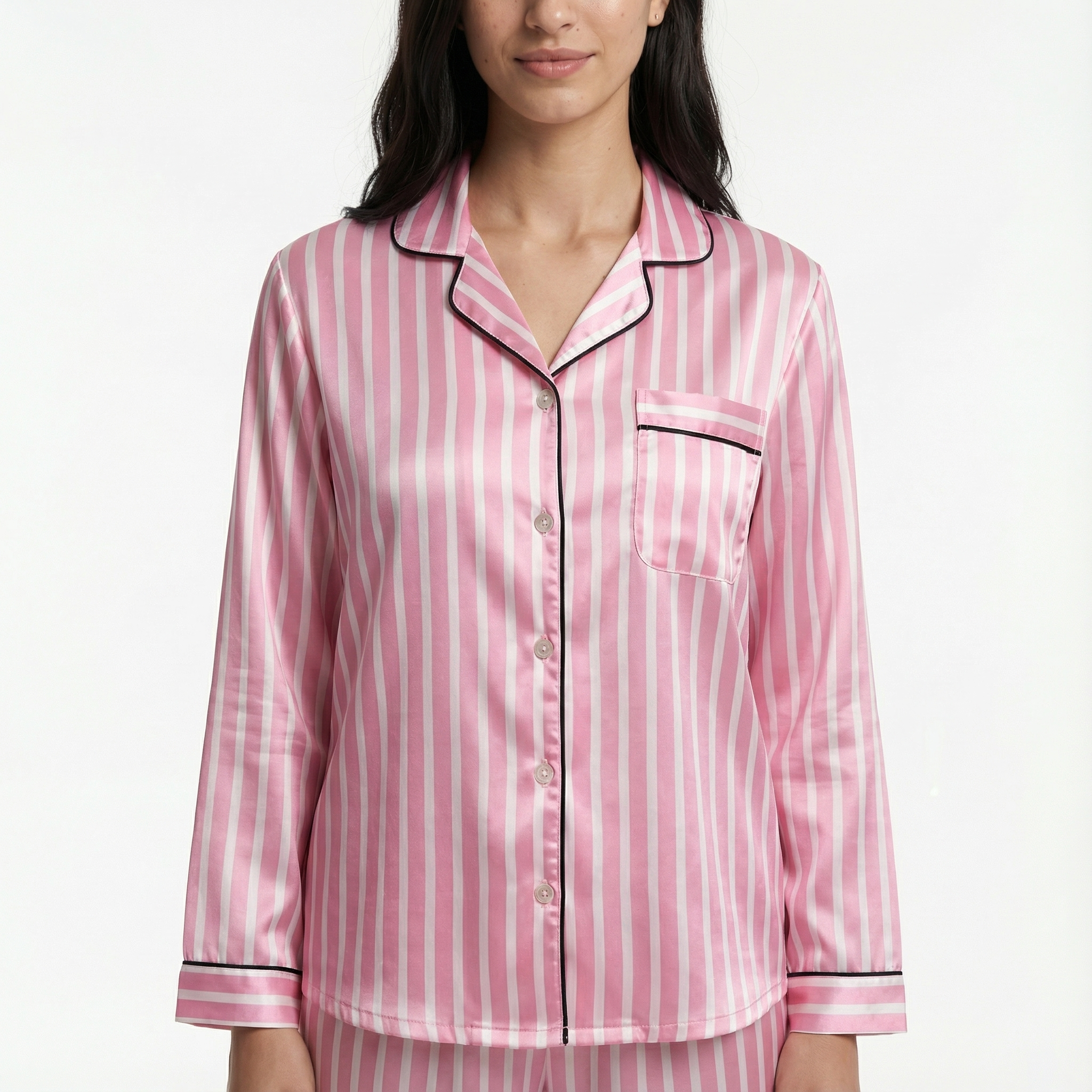 Pyjama Set Satin Long Sleeve Striped Piped Loungewear Women's