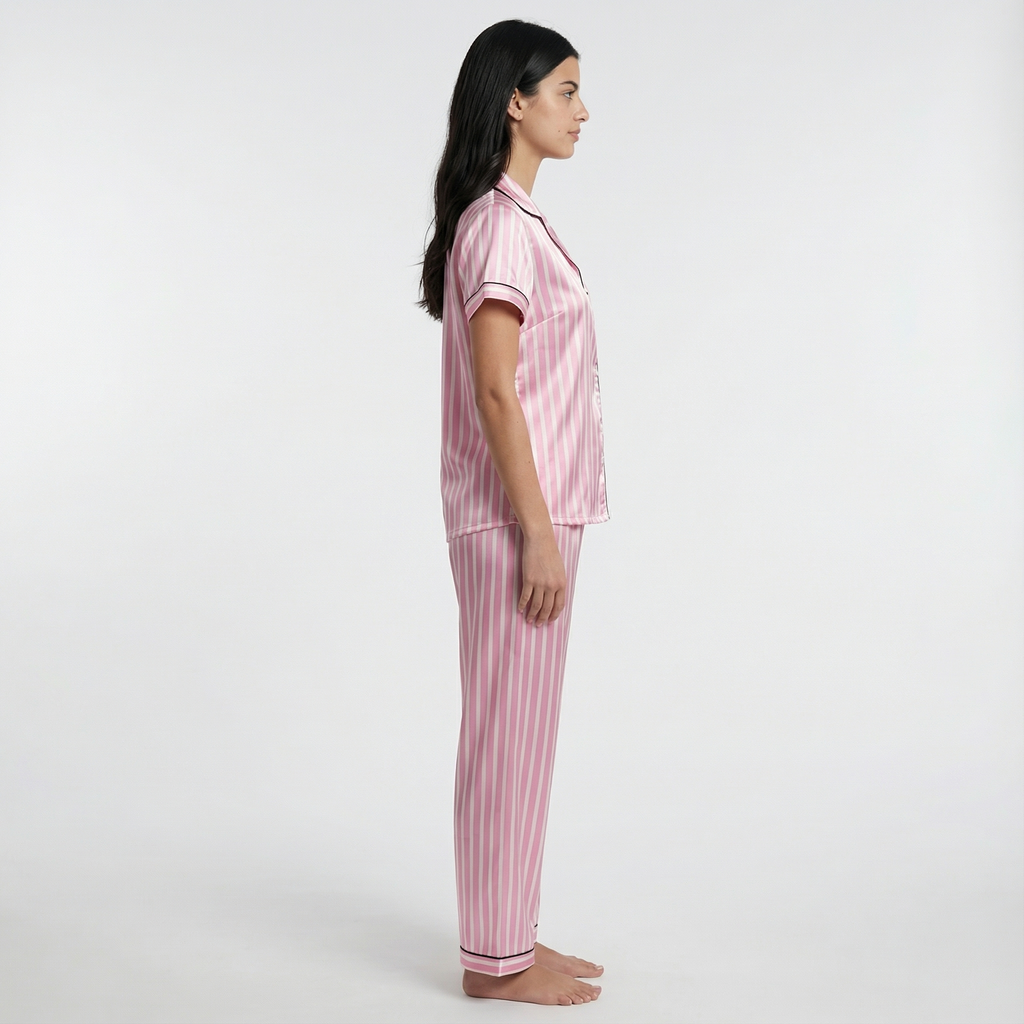 Pyjama Set Satin Long Sleeve Striped Piped Loungewear Women's