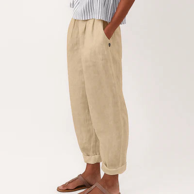 Dini Classic Soft Line Pants - Linen Cotton Blend, Elastic Waist, Side Pockets