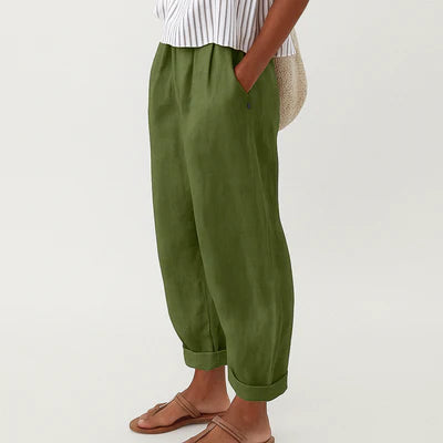 Dini Classic Soft Line Pants - Linen Cotton Blend, Elastic Waist, Side Pockets