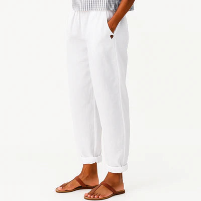 Dini Classic Soft Line Pants - Linen Cotton Blend, Elastic Waist, Side Pockets