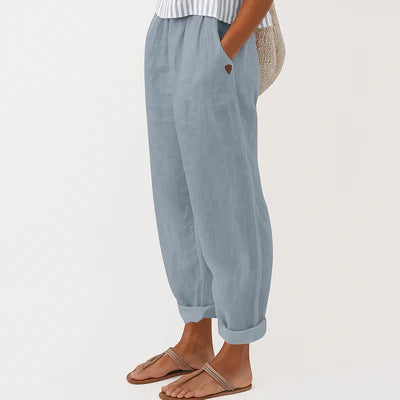 Dini Classic Soft Line Pants - Linen Cotton Blend, Elastic Waist, Side Pockets