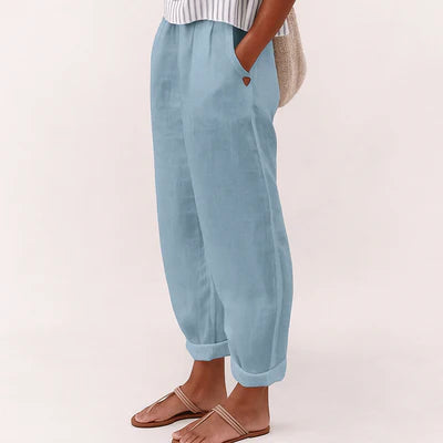 Dini Classic Soft Line Pants - Linen Cotton Blend, Elastic Waist, Side Pockets