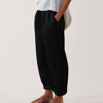 Dini Classic Soft Line Pants - Linen Cotton Blend, Elastic Waist, Side Pockets