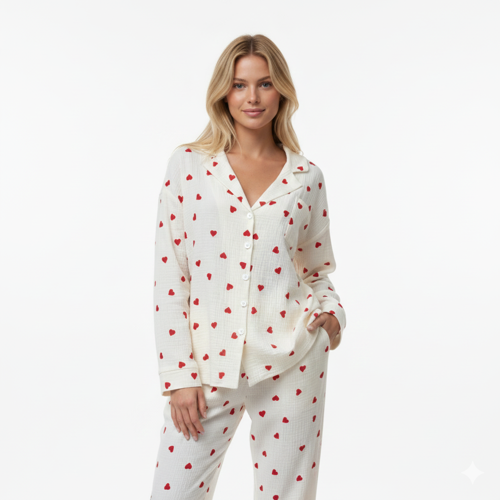 Valentine's Pyjamas Heart Pattern Long Sleeve Women's Sleepwear