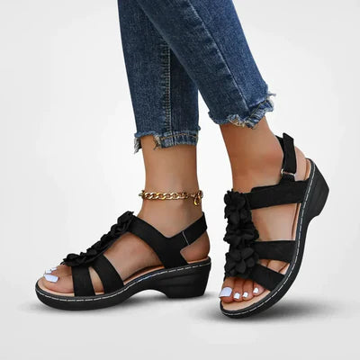 Bohemian Floral Comfortable Sandals - Platform Sole, Hook-and-Loop Fastener, Open-Toe Design