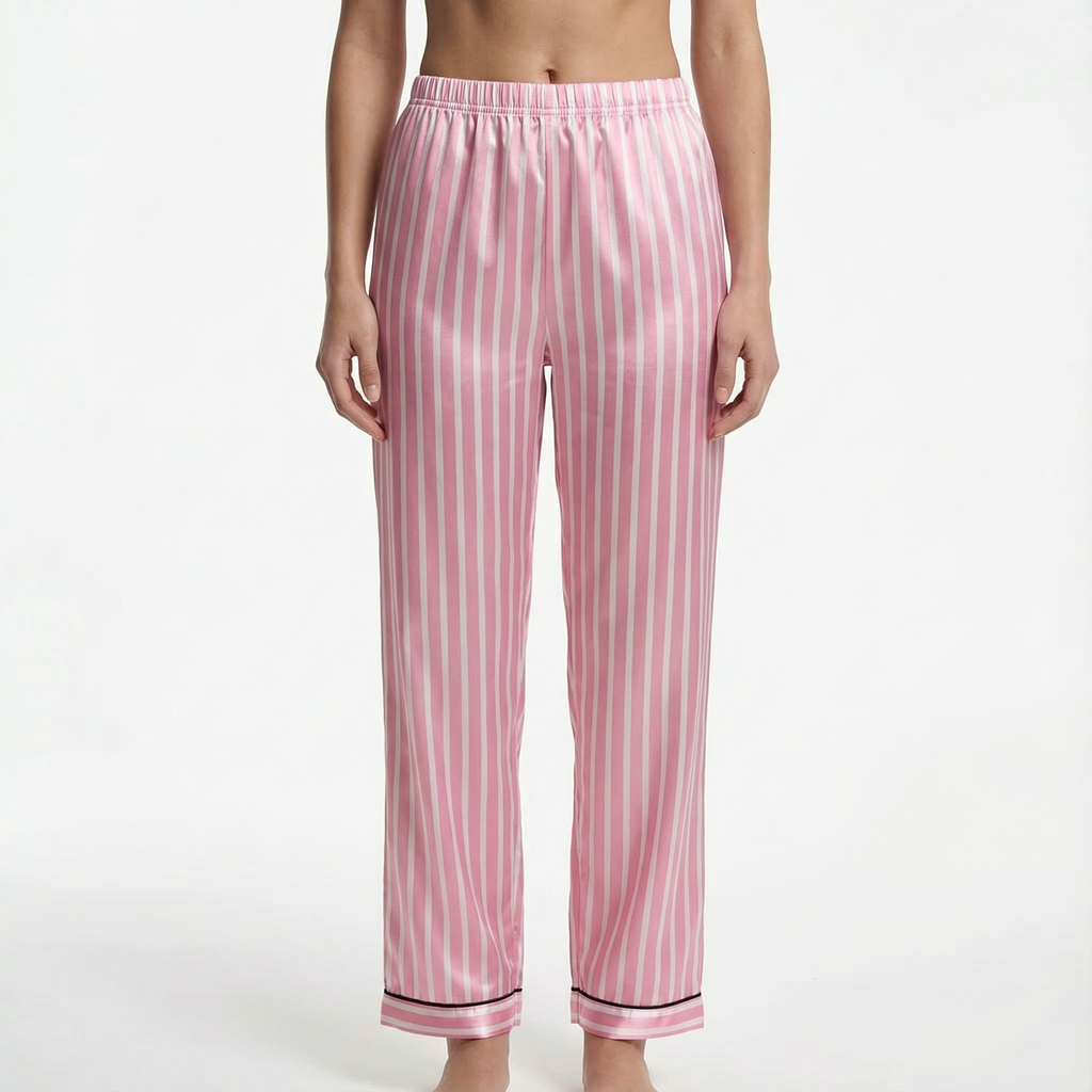 Pyjama Set Satin Long Sleeve Striped Piped Loungewear Women's