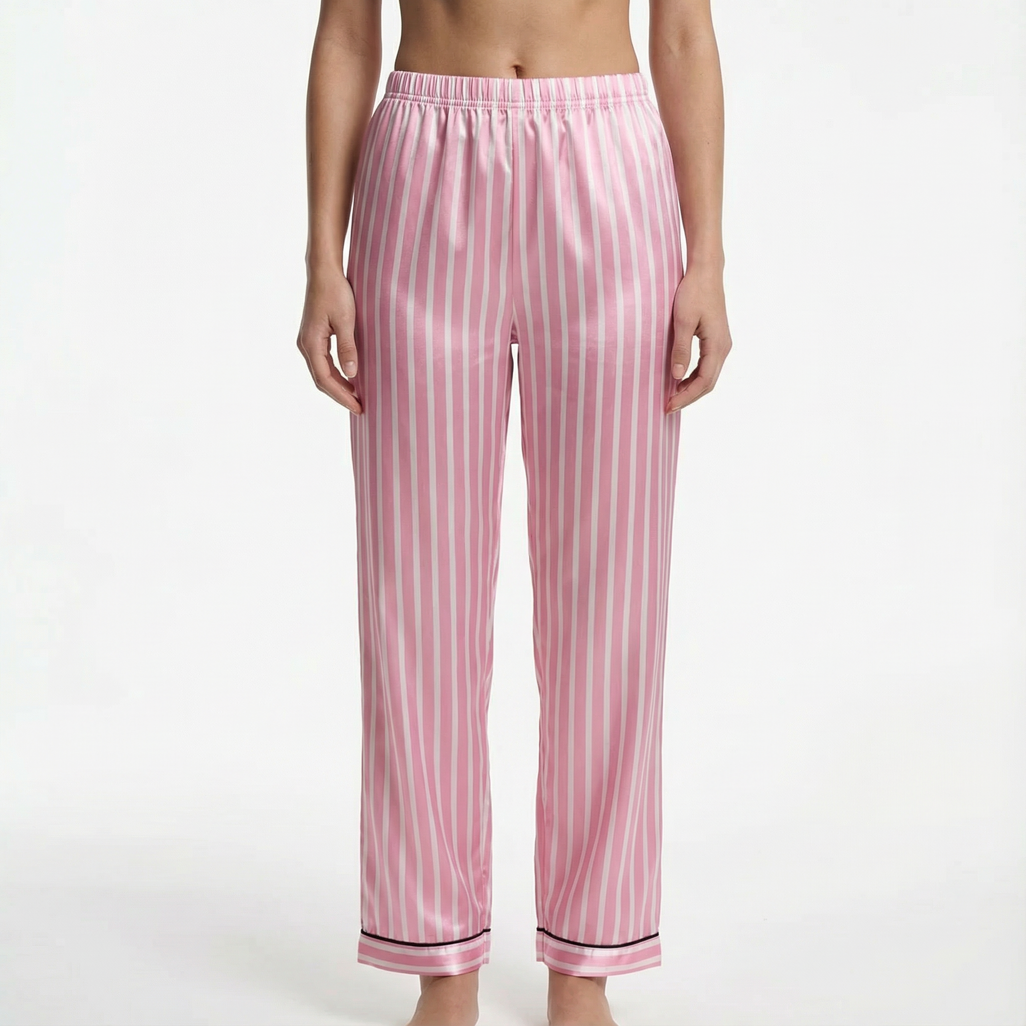 Pyjama Set Satin Long Sleeve Striped Piped Loungewear Women's