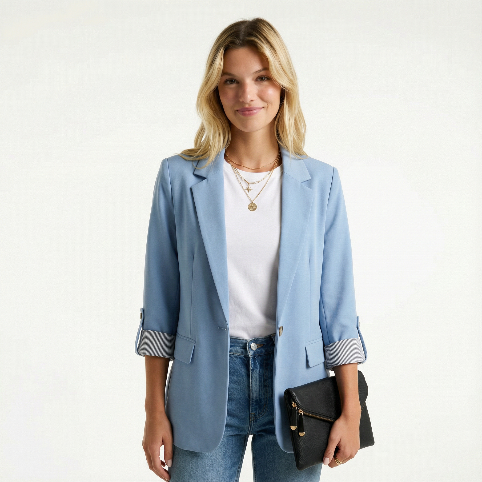 Casual Blazer Rolled Sleeve Notched Lapel Lightweight Office Women's