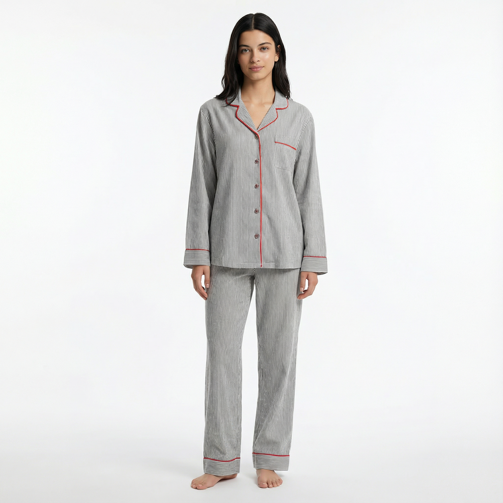 Pyjama Set Striped Button Up Long Sleeve Night Wear Women's