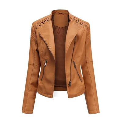 Women's Vintage Lamb Leather Jacket - Princess Seams, Concealed Zipper, Stand-Up Collar