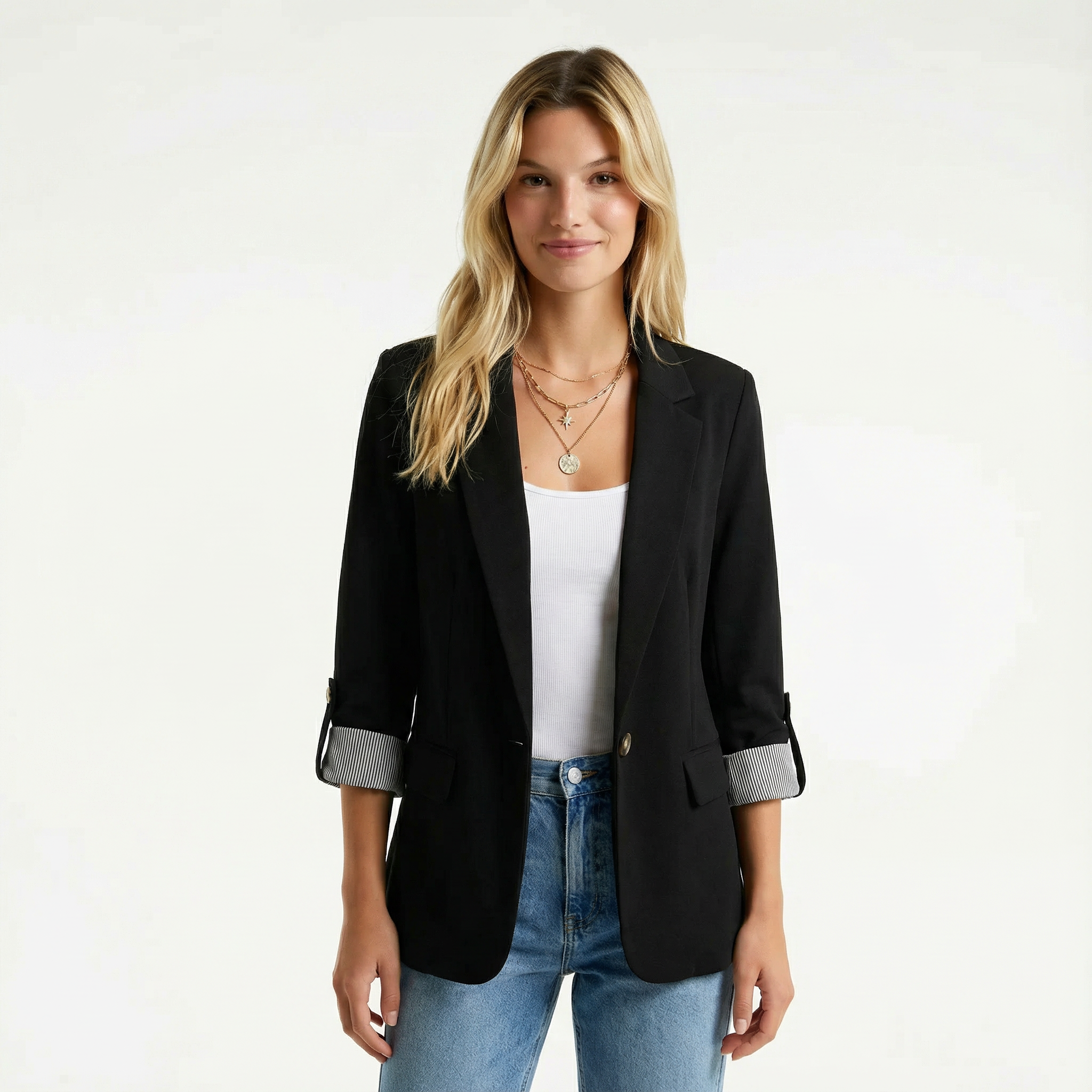 Casual Blazer Rolled Sleeve Notched Lapel Lightweight Office Women's