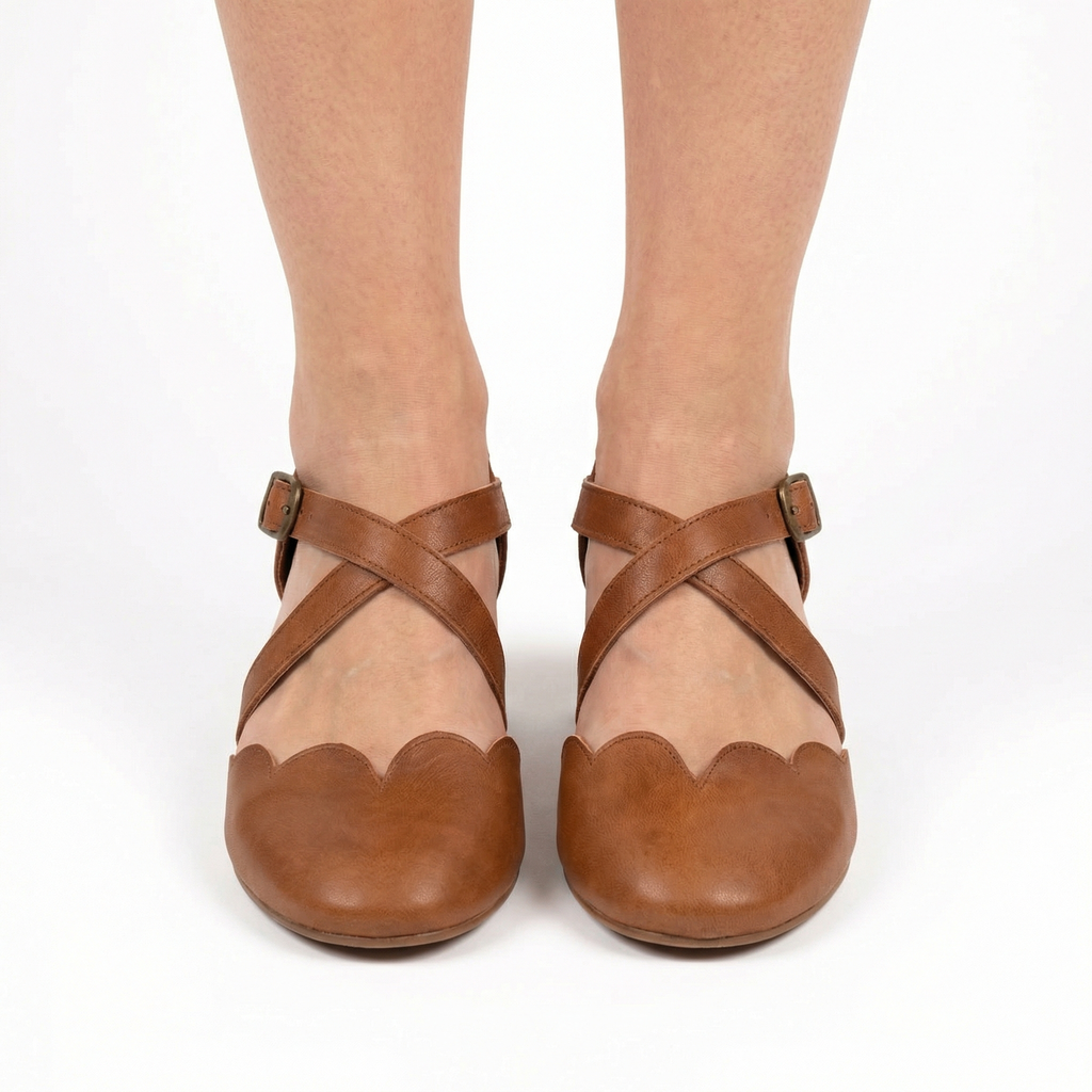 Mangrove Leather Flats - Scalloped Edge, Adjustable Strap, Padded Footbed