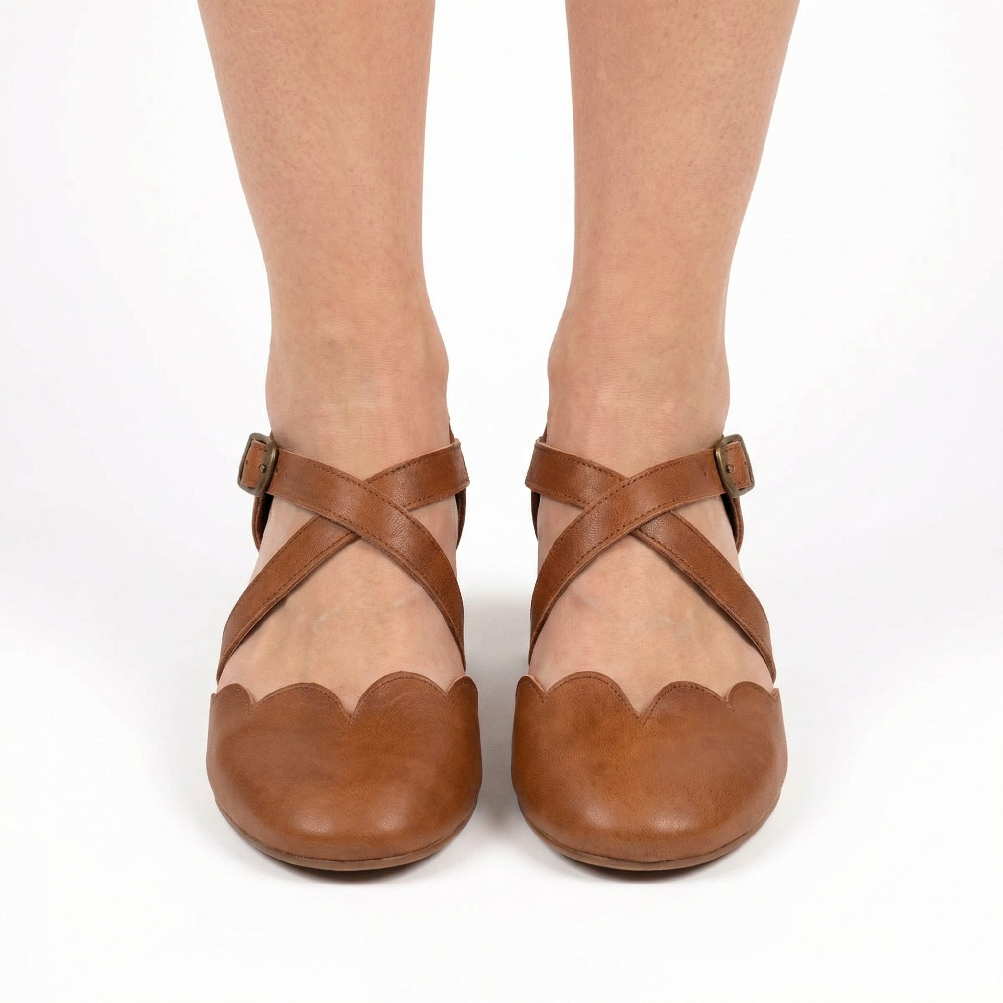 Mangrove Leather Flats - Scalloped Edge, Adjustable Strap, Padded Footbed