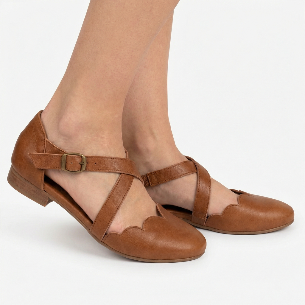 Mangrove Leather Flats - Scalloped Edge, Adjustable Strap, Padded Footbed