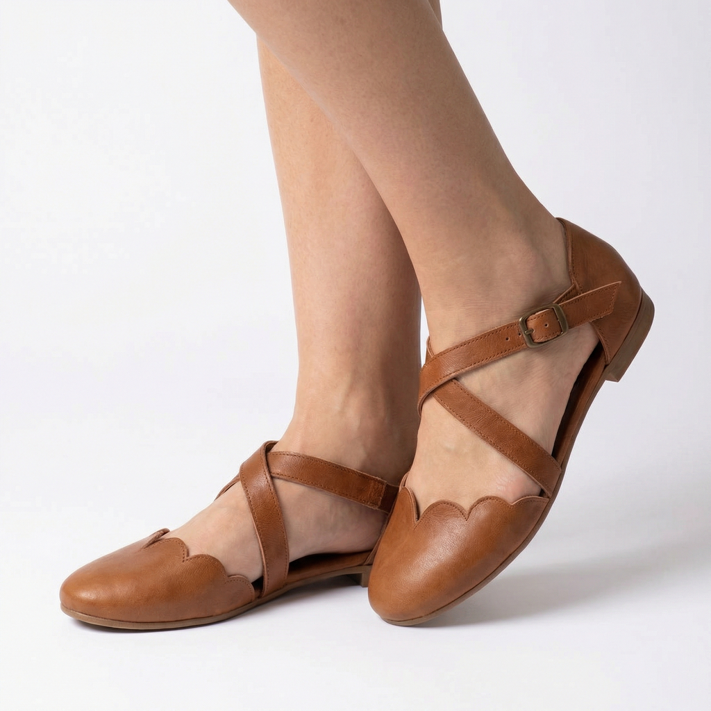 Mangrove Leather Flats - Scalloped Edge, Adjustable Strap, Padded Footbed