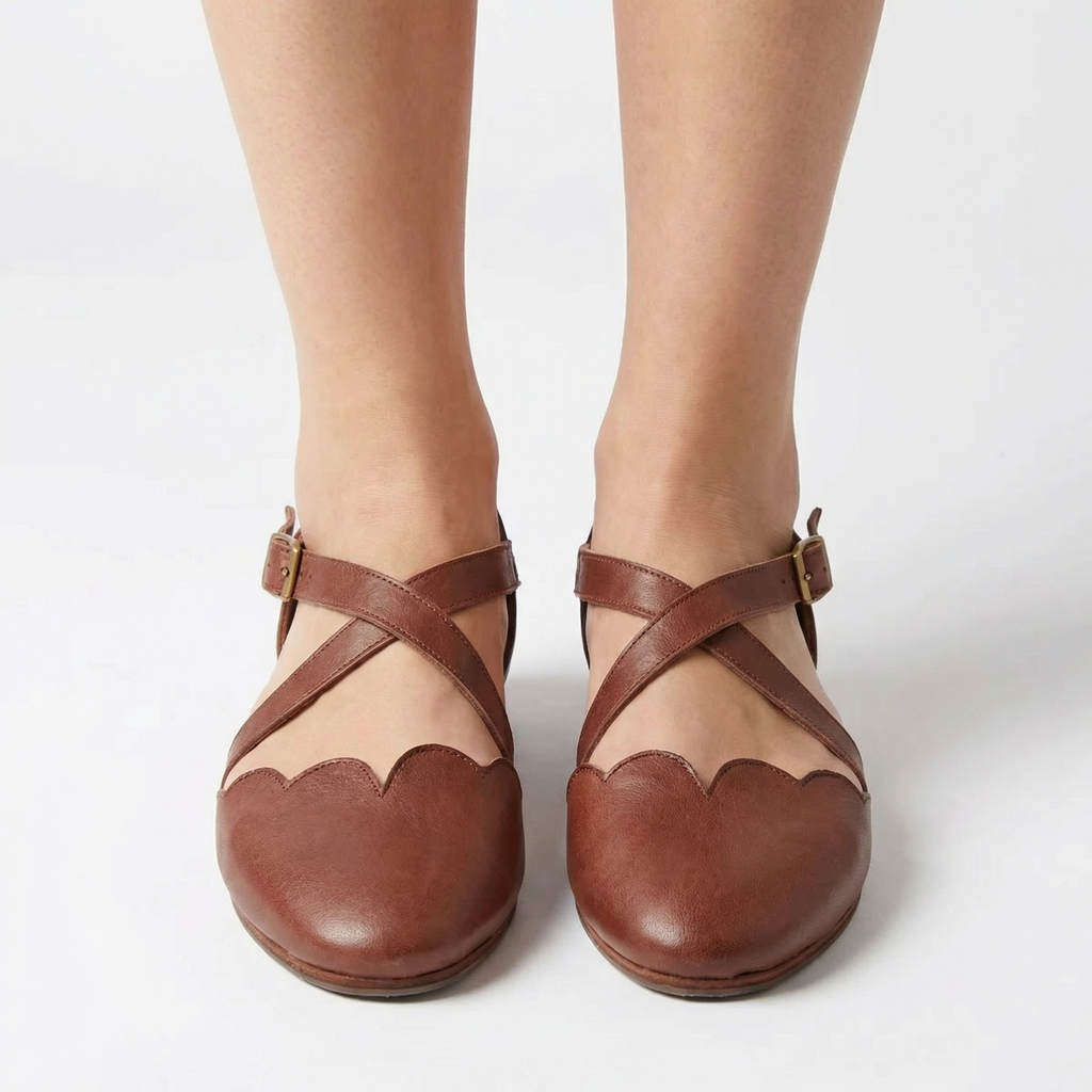 Mangrove Leather Flats - Scalloped Edge, Adjustable Strap, Padded Footbed