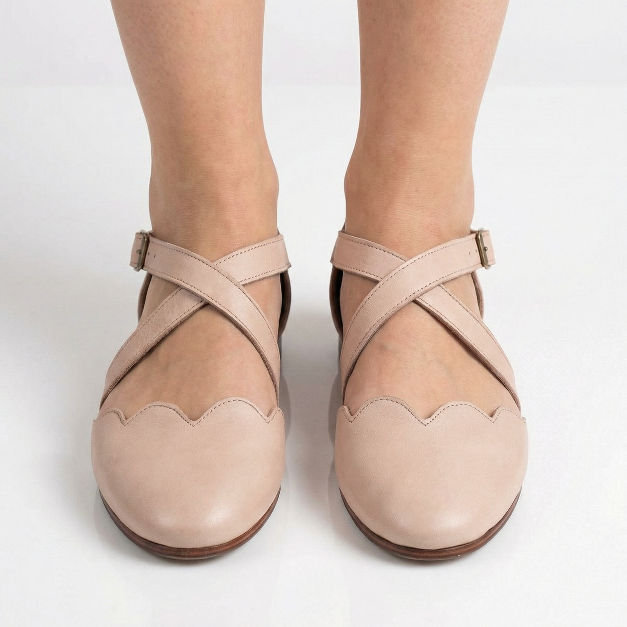 Mangrove Leather Flats - Scalloped Edge, Adjustable Strap, Padded Footbed
