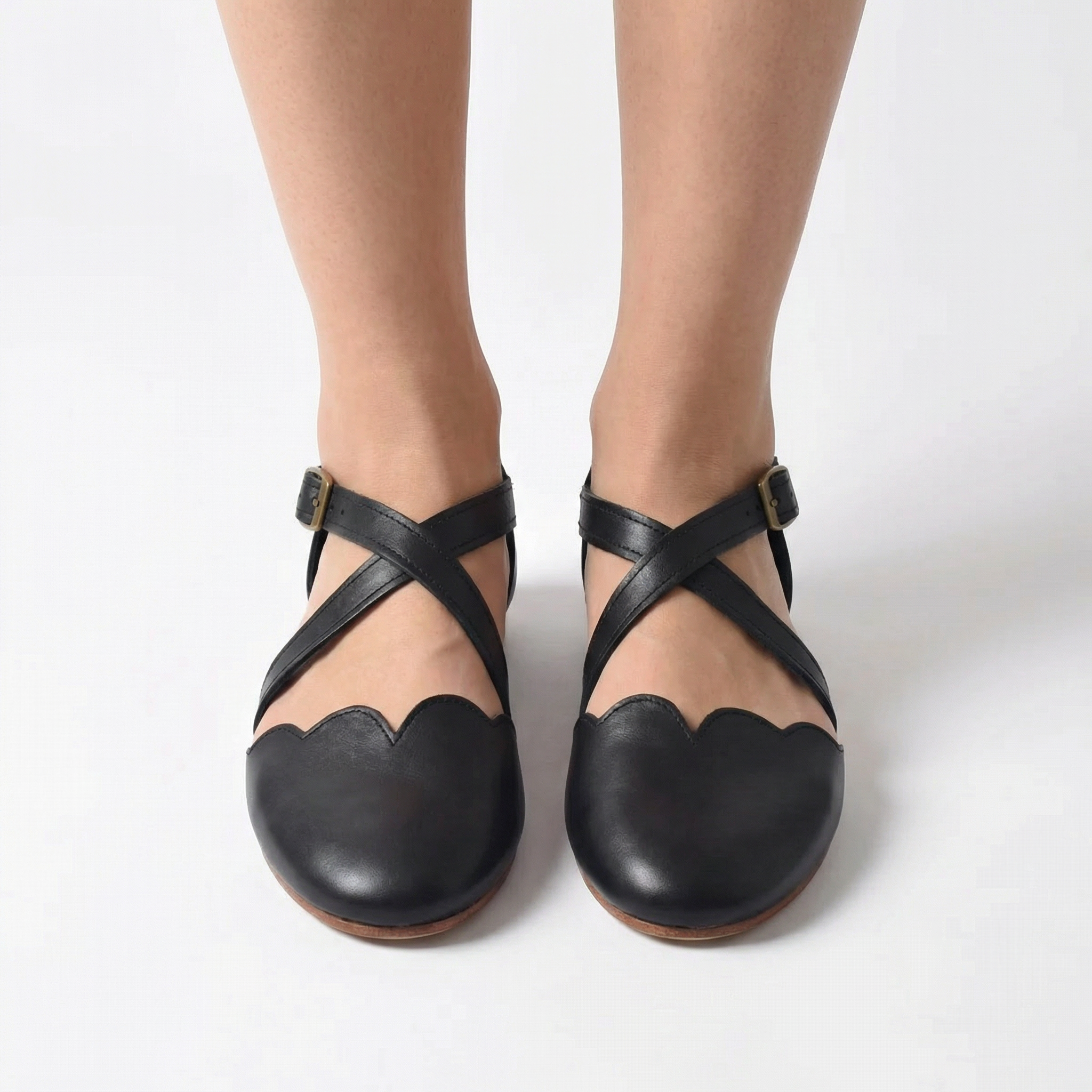 Mangrove Leather Flats - Scalloped Edge, Adjustable Strap, Padded Footbed