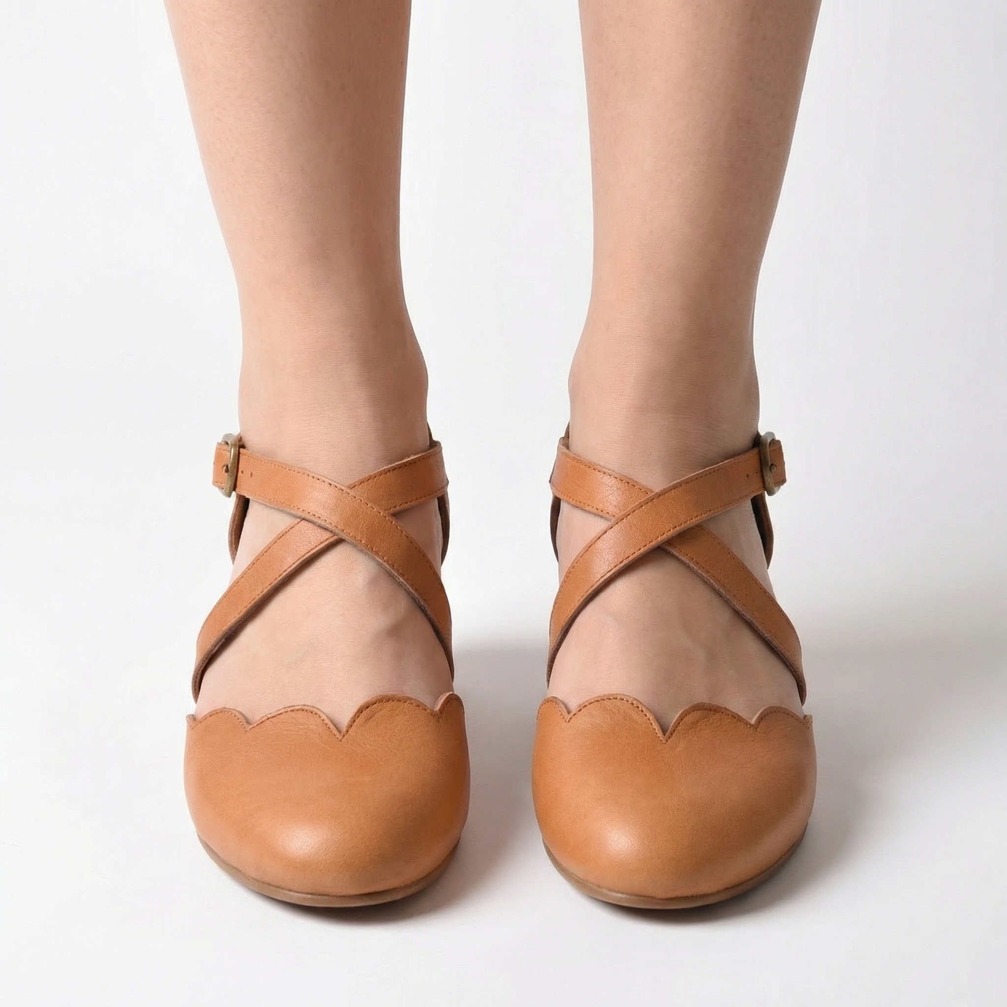 Mangrove Leather Flats - Scalloped Edge, Adjustable Strap, Padded Footbed