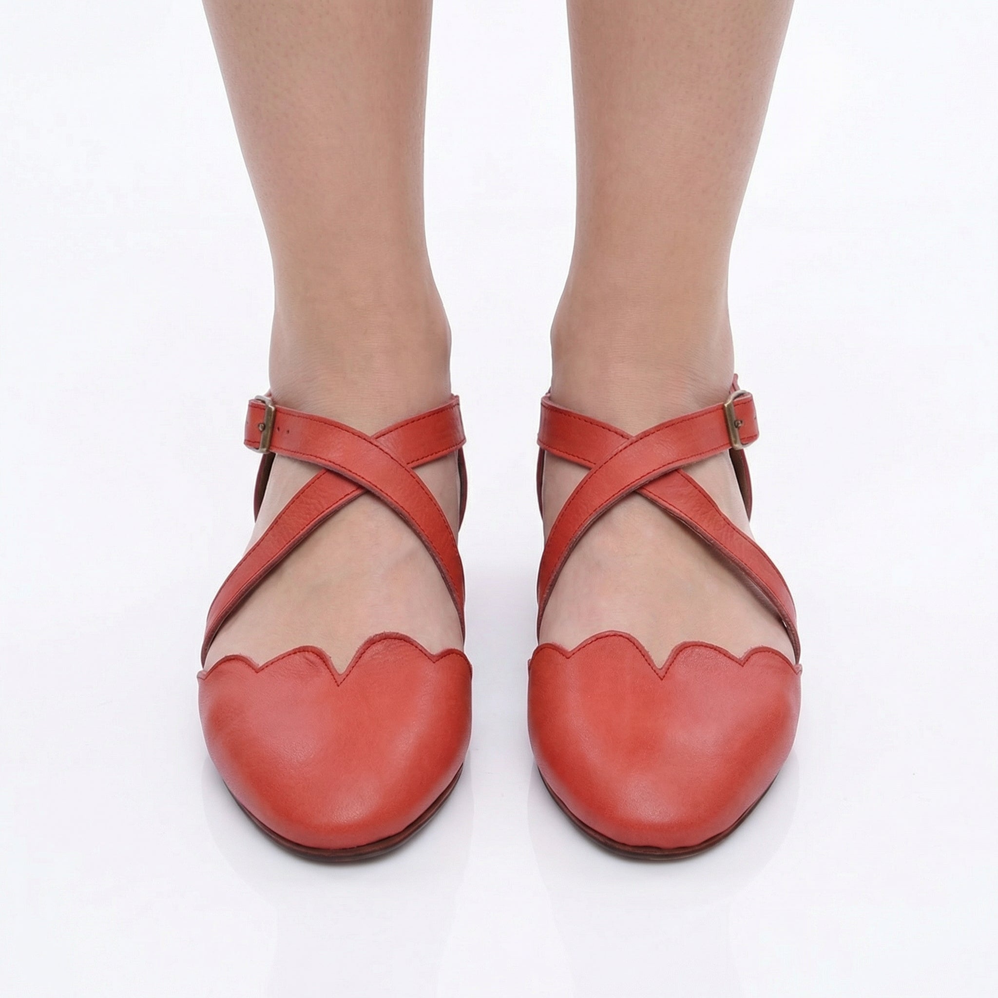 Mangrove Leather Flats - Scalloped Edge, Adjustable Strap, Padded Footbed