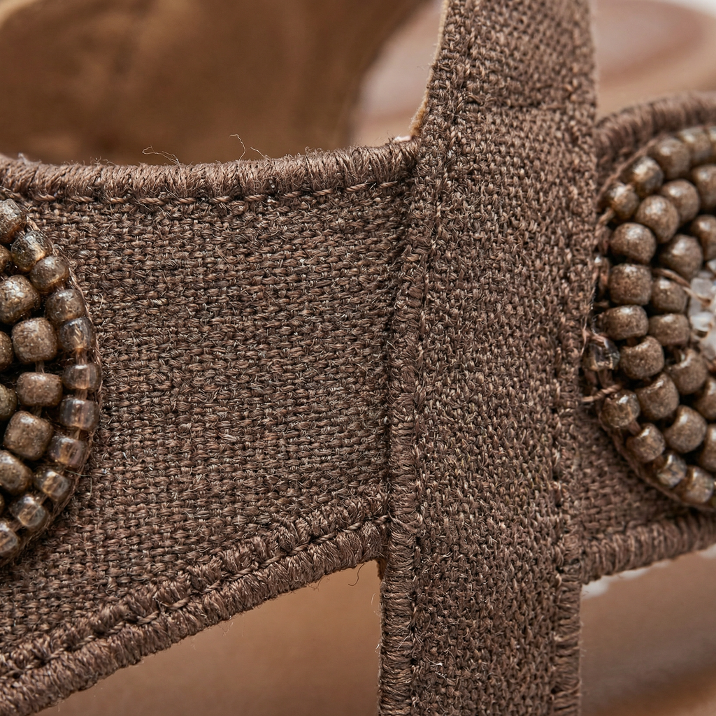 Bohemian Flat Sandals - Beads & Rhinestone Detail, Slingback Design, Lightweight Rubber Sole