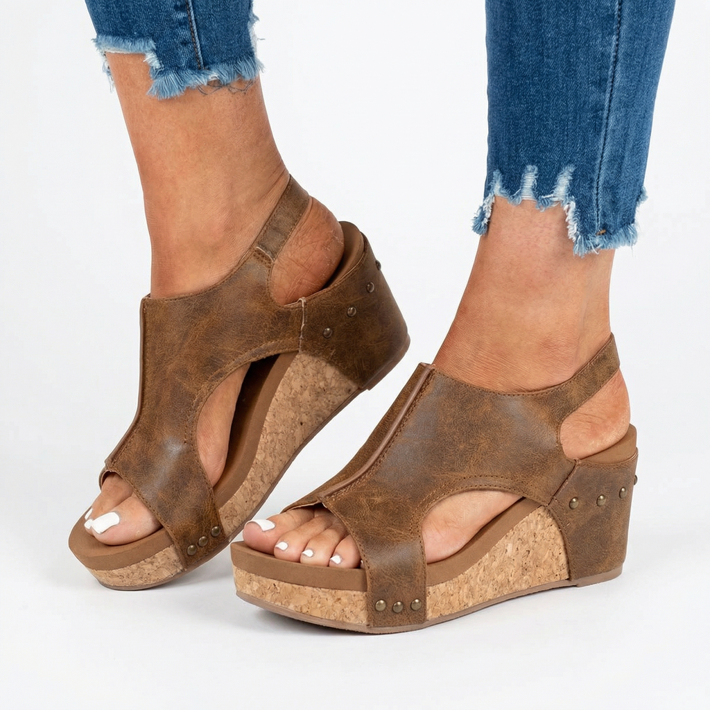 Madeline Vegan Wedge Sandals - Cork Wedge Heel, Cushioned Sole, Non-Slip Rubber Outsole