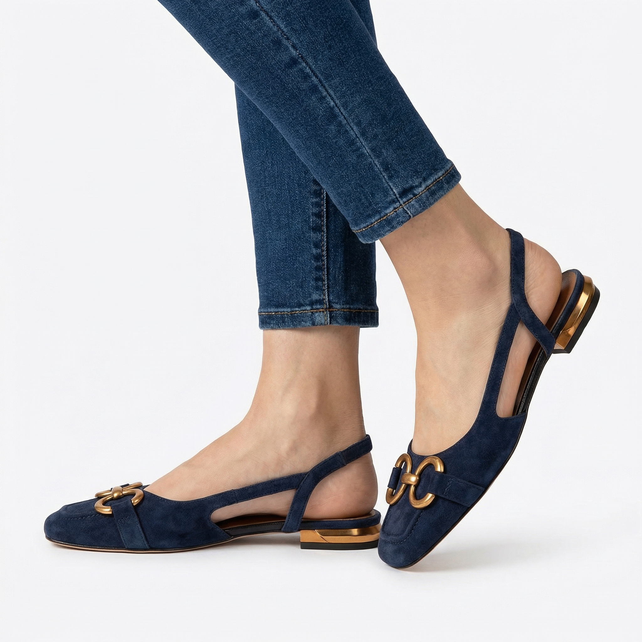 Nora Chic Ergonomic Slingback Flats - Suede-Effect Finish, Cushioned Insole, Gold-Toned Hardware Detail