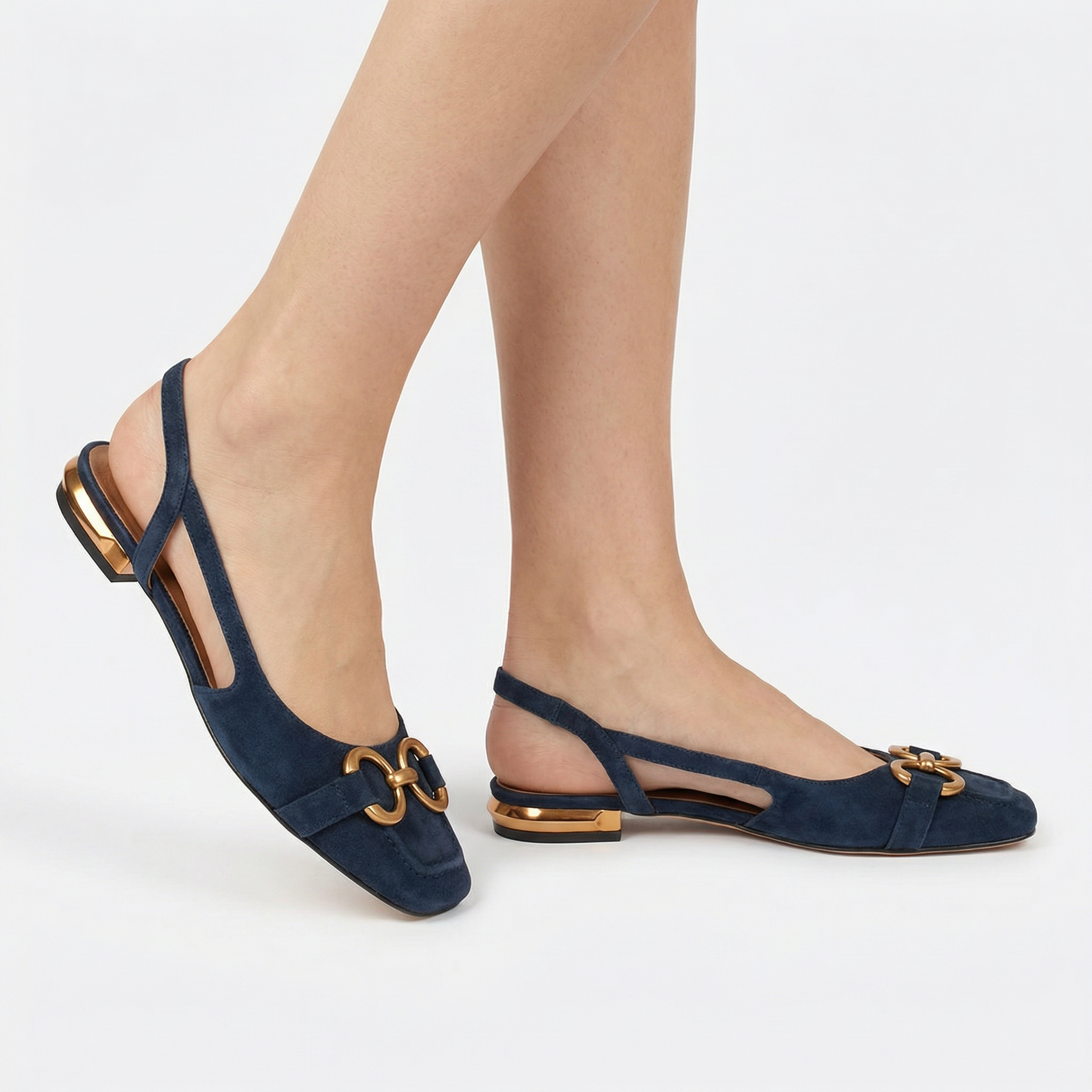 Nora Chic Ergonomic Slingback Flats - Suede-Effect Finish, Cushioned Insole, Gold-Toned Hardware Detail