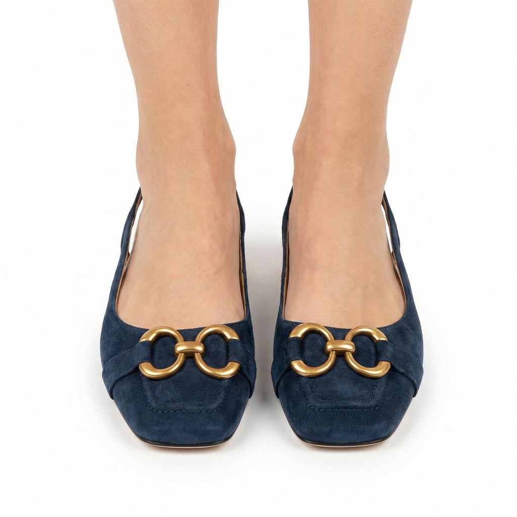 Nora Chic Ergonomic Slingback Flats - Suede-Effect Finish, Cushioned Insole, Gold-Toned Hardware Detail