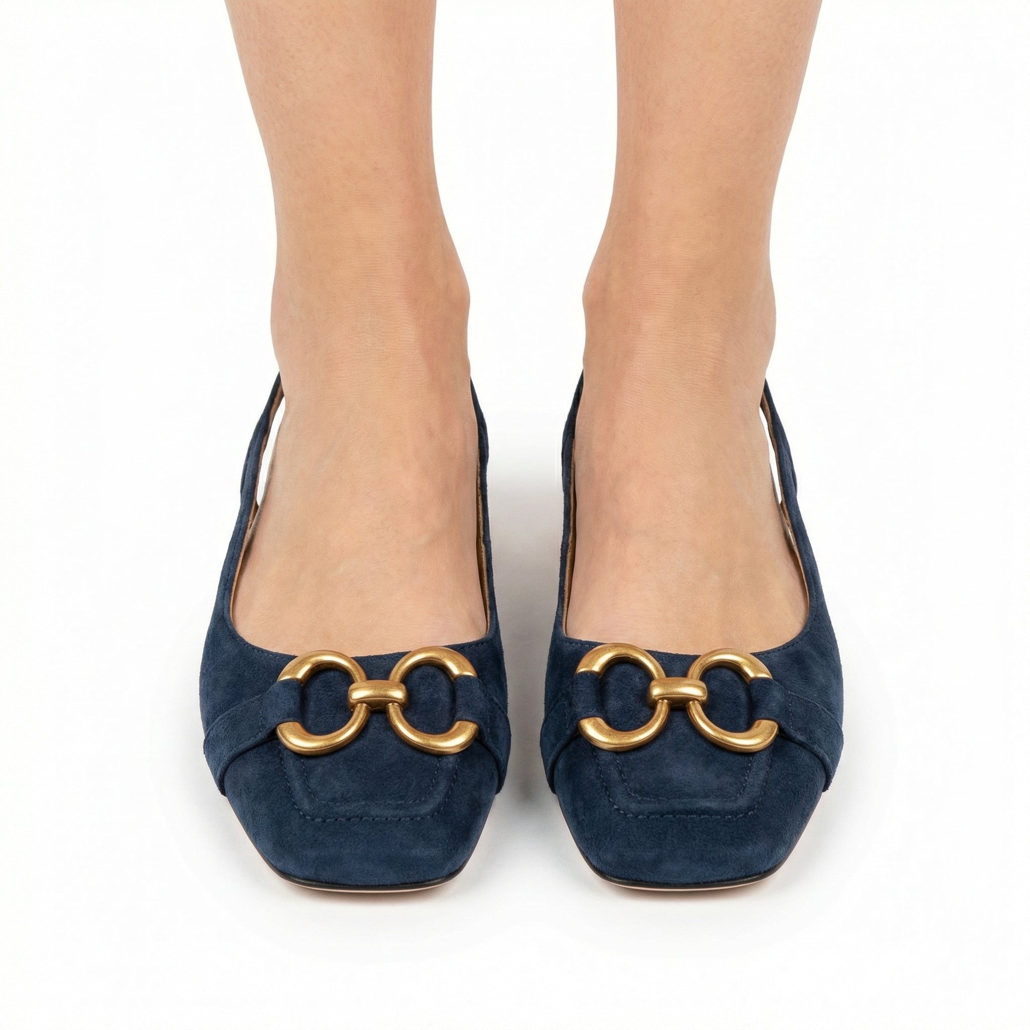 Nora Chic Ergonomic Slingback Flats - Suede-Effect Finish, Cushioned Insole, Gold-Toned Hardware Detail