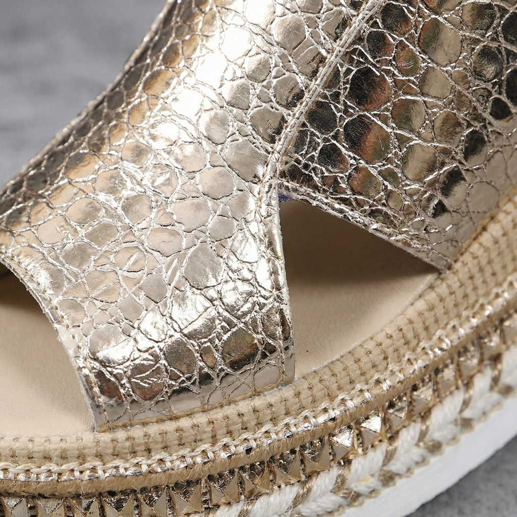 Metallic Platform Sandals - Extra-Wide Toe Box, 7cm Heel, Adjustable Slingback Strap