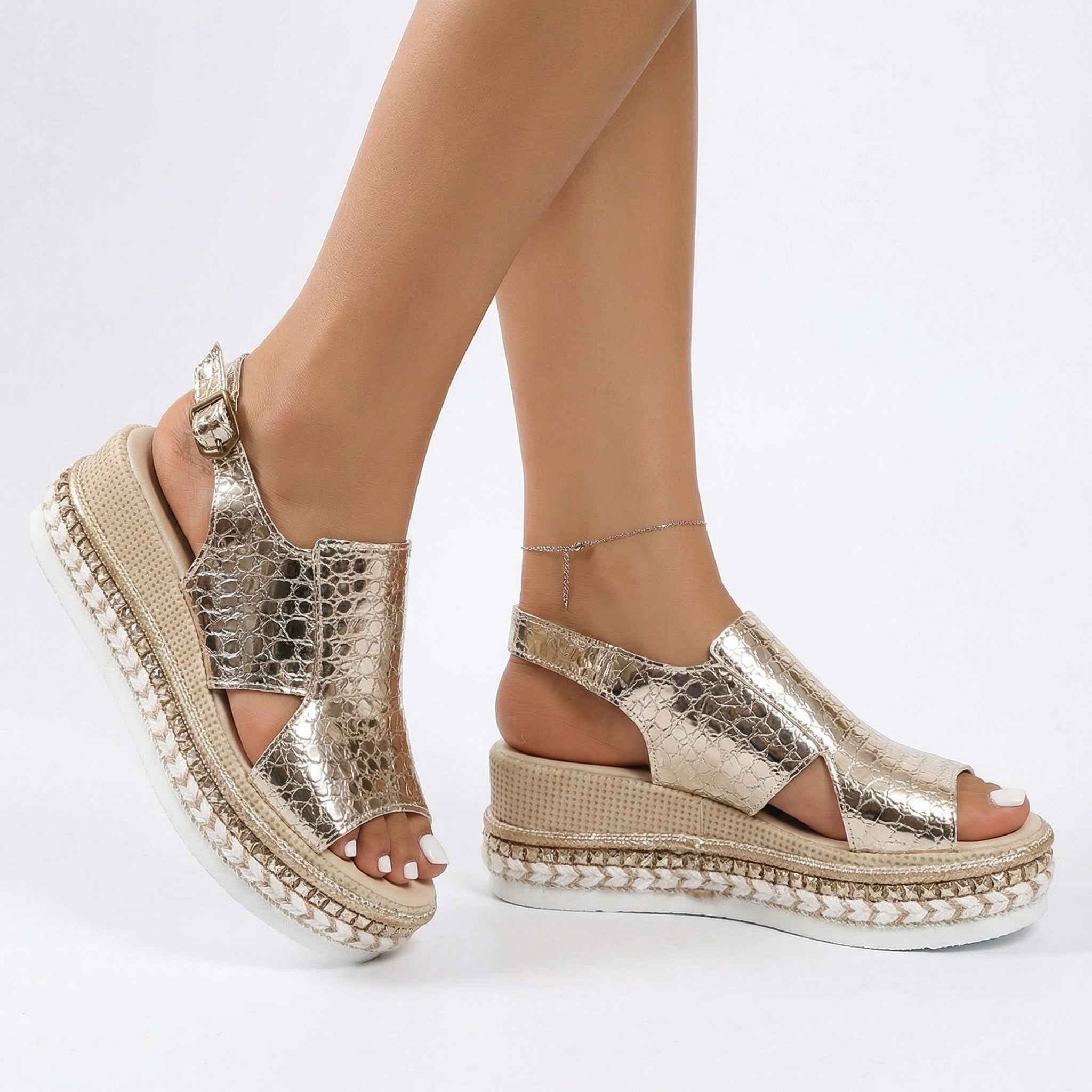 Metallic Platform Sandals - Extra-Wide Toe Box, 7cm Heel, Adjustable Slingback Strap