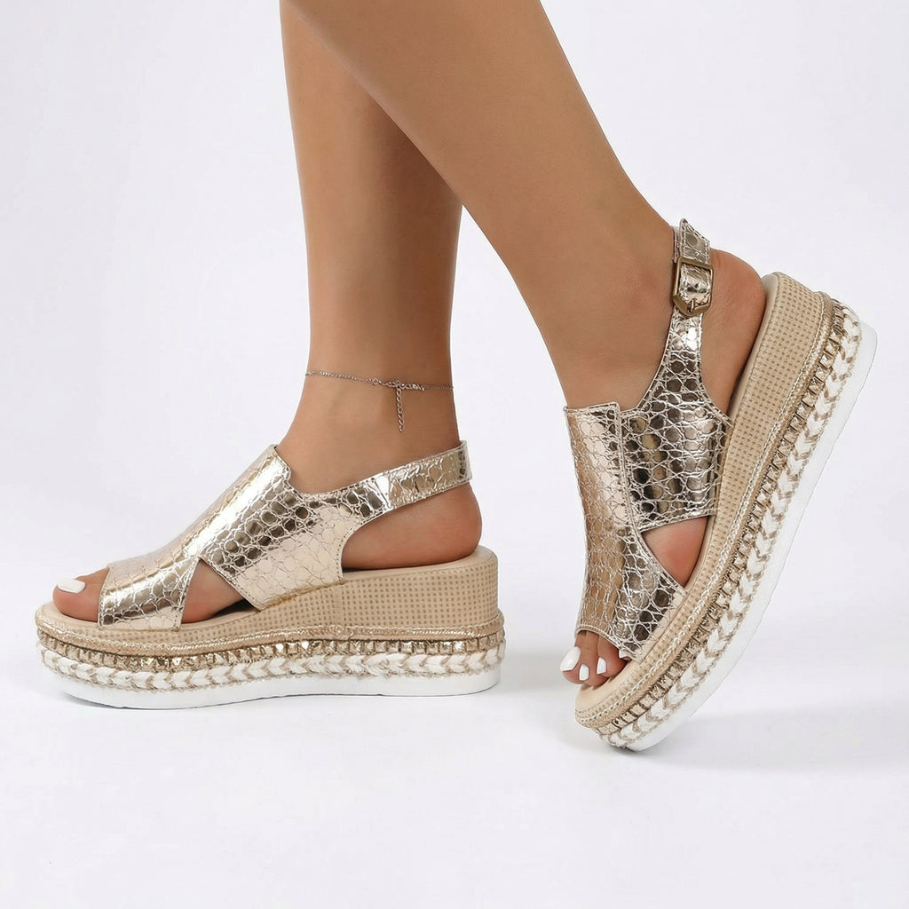 Metallic Platform Sandals - Extra-Wide Toe Box, 7cm Heel, Adjustable Slingback Strap