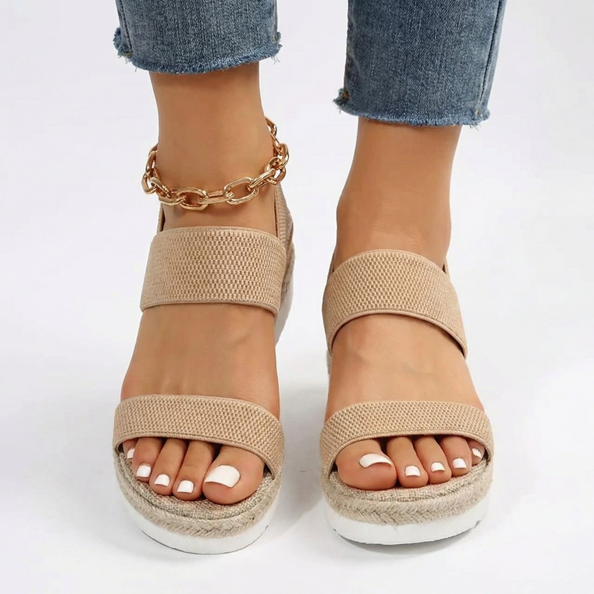 Espadrille Wedge Sandals - Elastic Ankle Strap, Platform Jute Midsole, Lightweight PU Leather