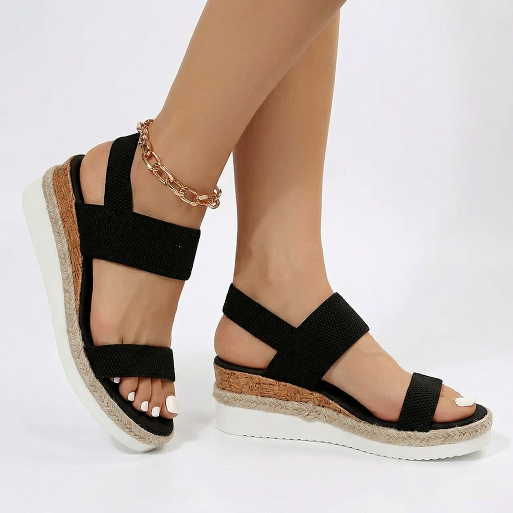 Espadrille Wedge Sandals - Elastic Ankle Strap, Platform Jute Midsole, Lightweight PU Leather