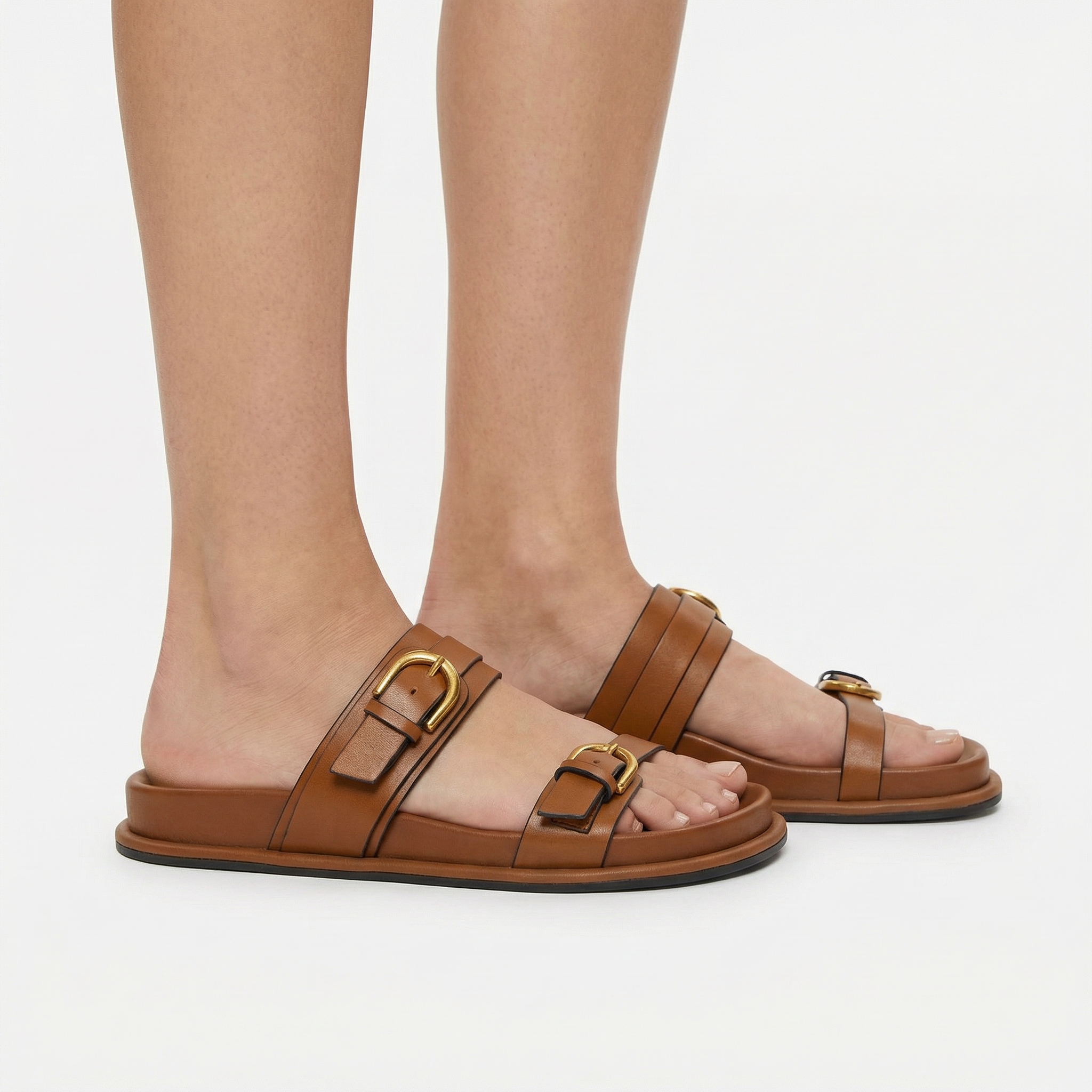 Lucia Buckle Leather Slides - Double Adjustable Straps, Smooth 100% Leather, Lightweight Flexible Sole