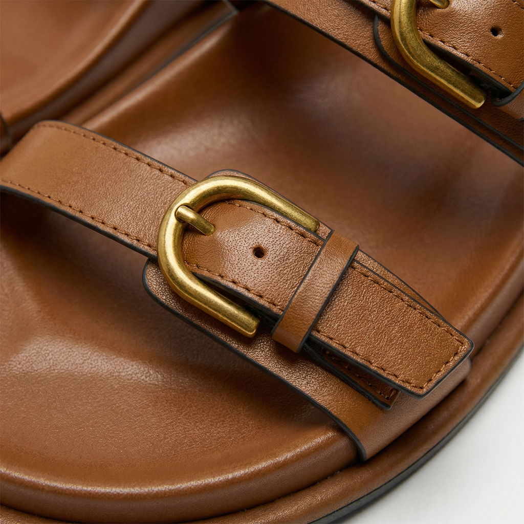Lucia Buckle Leather Slides - Double Adjustable Straps, Smooth 100% Leather, Lightweight Flexible Sole