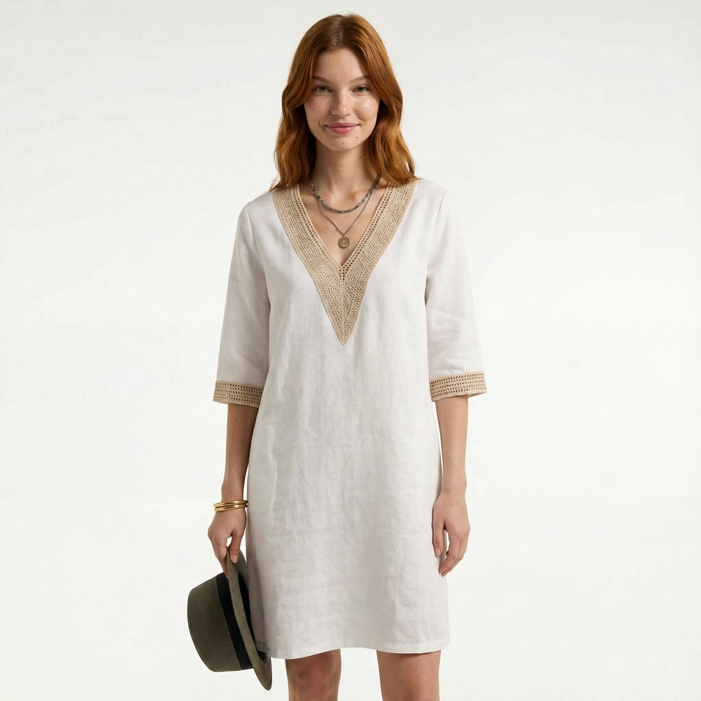 Women’s Stylish Linen Summer Dress - Lightweight Breathable Fabric, Relaxed Midi Fit, Flattering Classic Neckline