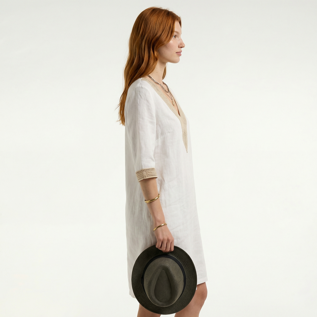 Women’s Stylish Linen Summer Dress - Lightweight Breathable Fabric, Relaxed Midi Fit, Flattering Classic Neckline