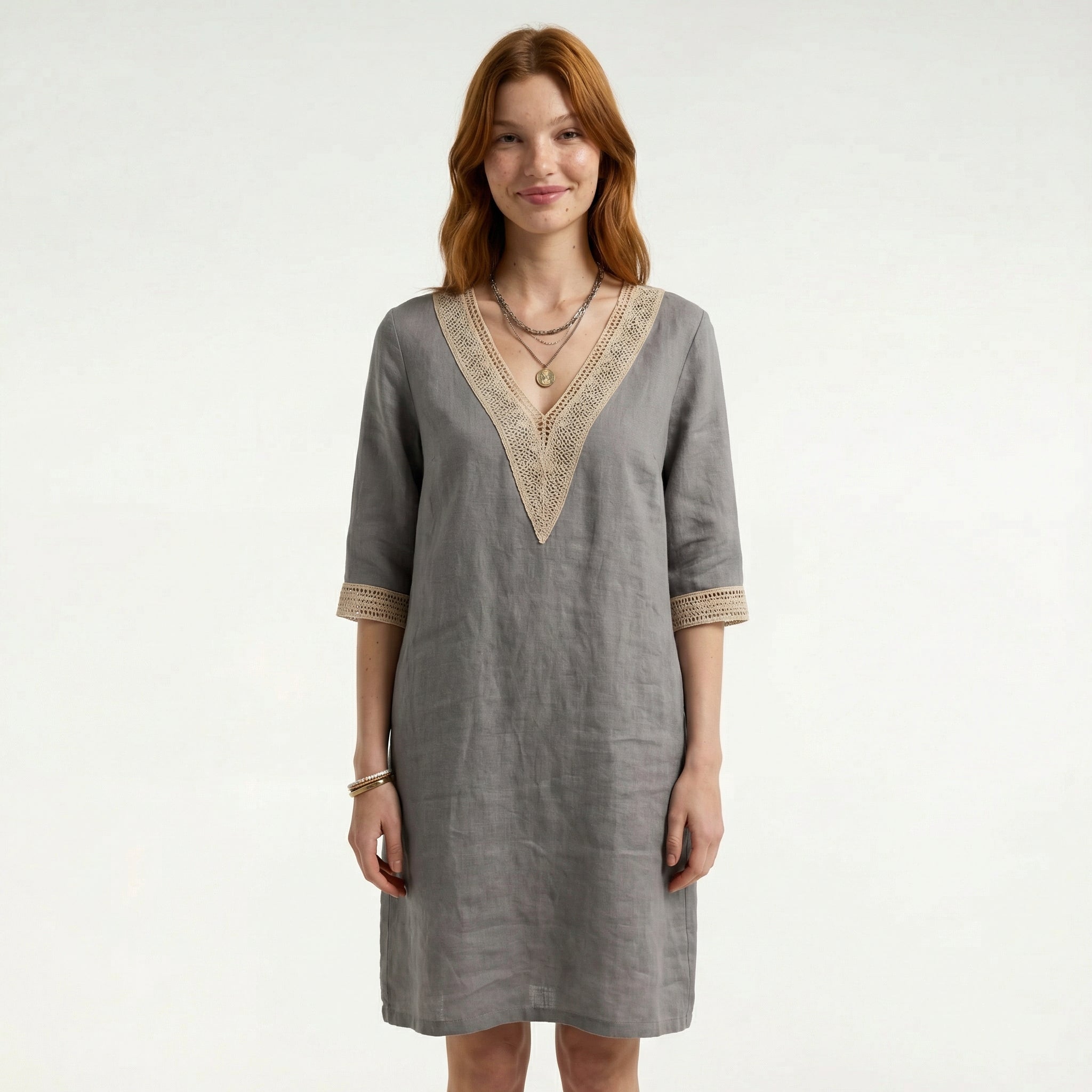 Women’s Stylish Linen Summer Dress - Lightweight Breathable Fabric, Relaxed Midi Fit, Flattering Classic Neckline