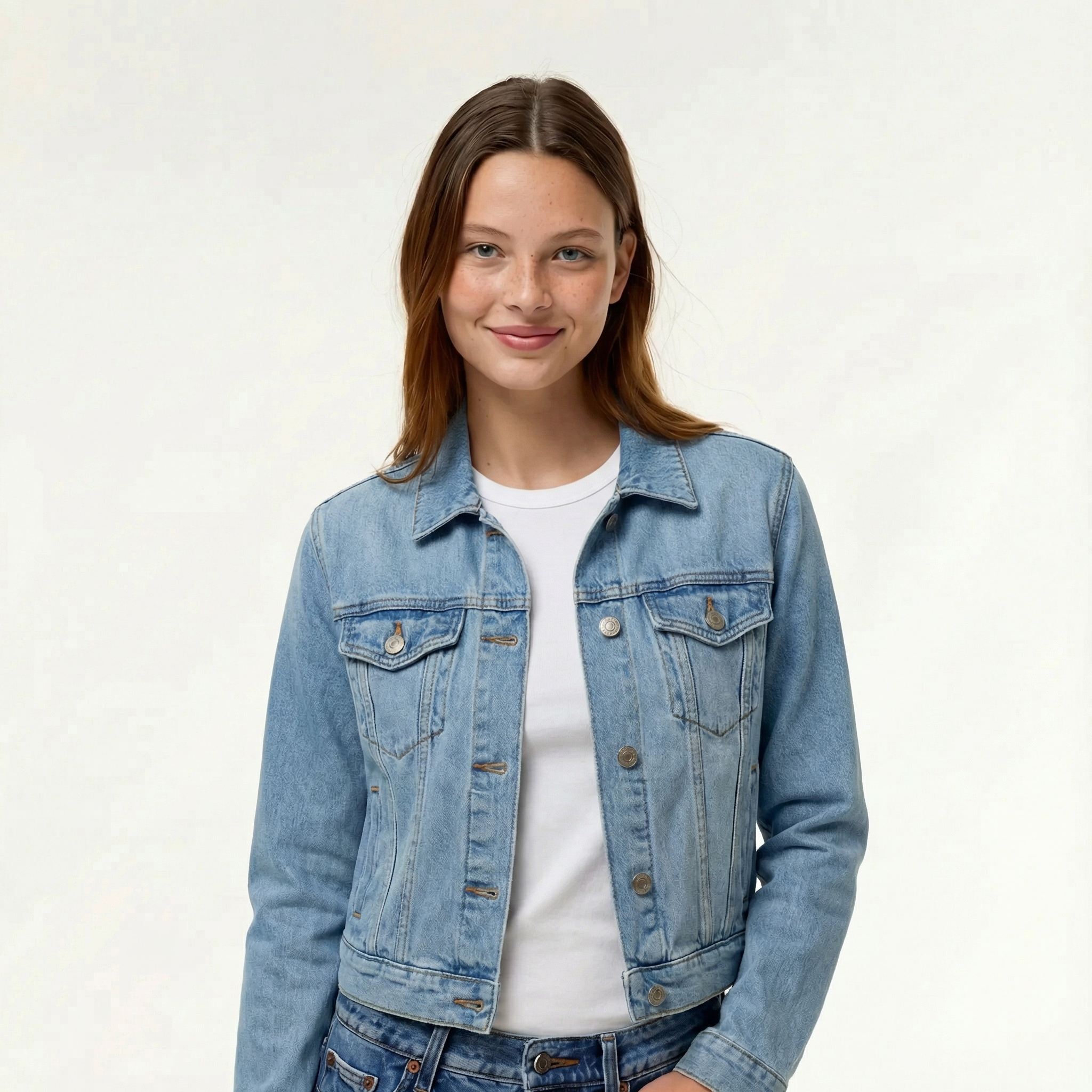 Women’s Vibrant Denim Jacket - Modern Street Style, Symmetrical Flap Pockets, Button-Front Closure
