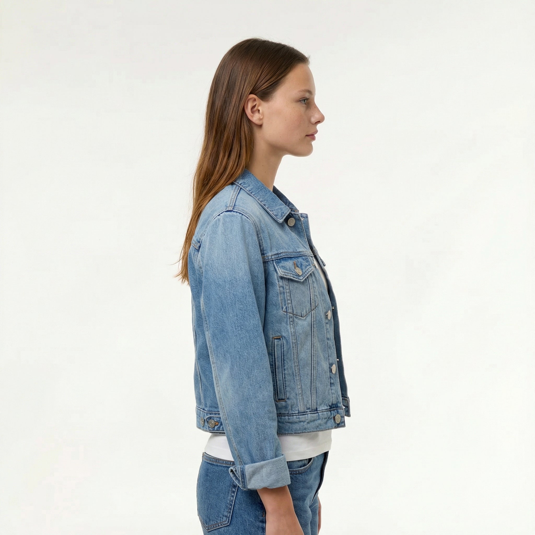 Women’s Vibrant Denim Jacket - Modern Street Style, Symmetrical Flap Pockets, Button-Front Closure
